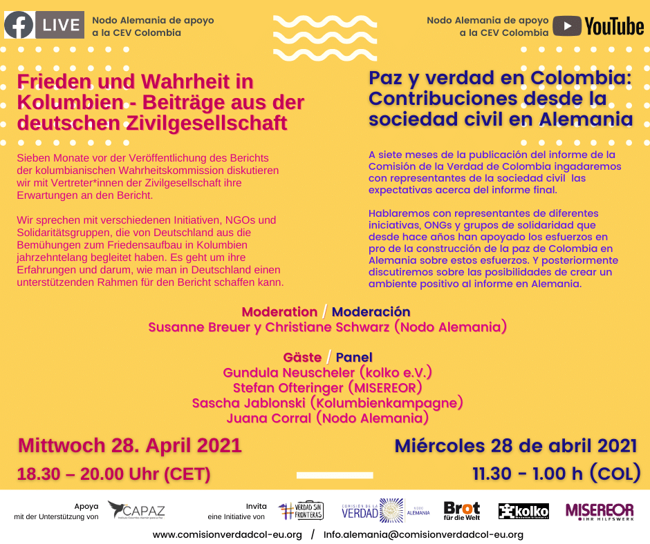 el conversatorio tratará sobre la participación de la sociedad civil en Alemania en el proceso de paz y el proceso de verdad de la Comisión en ese país, así como de las expectativas de este sector ante el Informe Final de la Comisión.